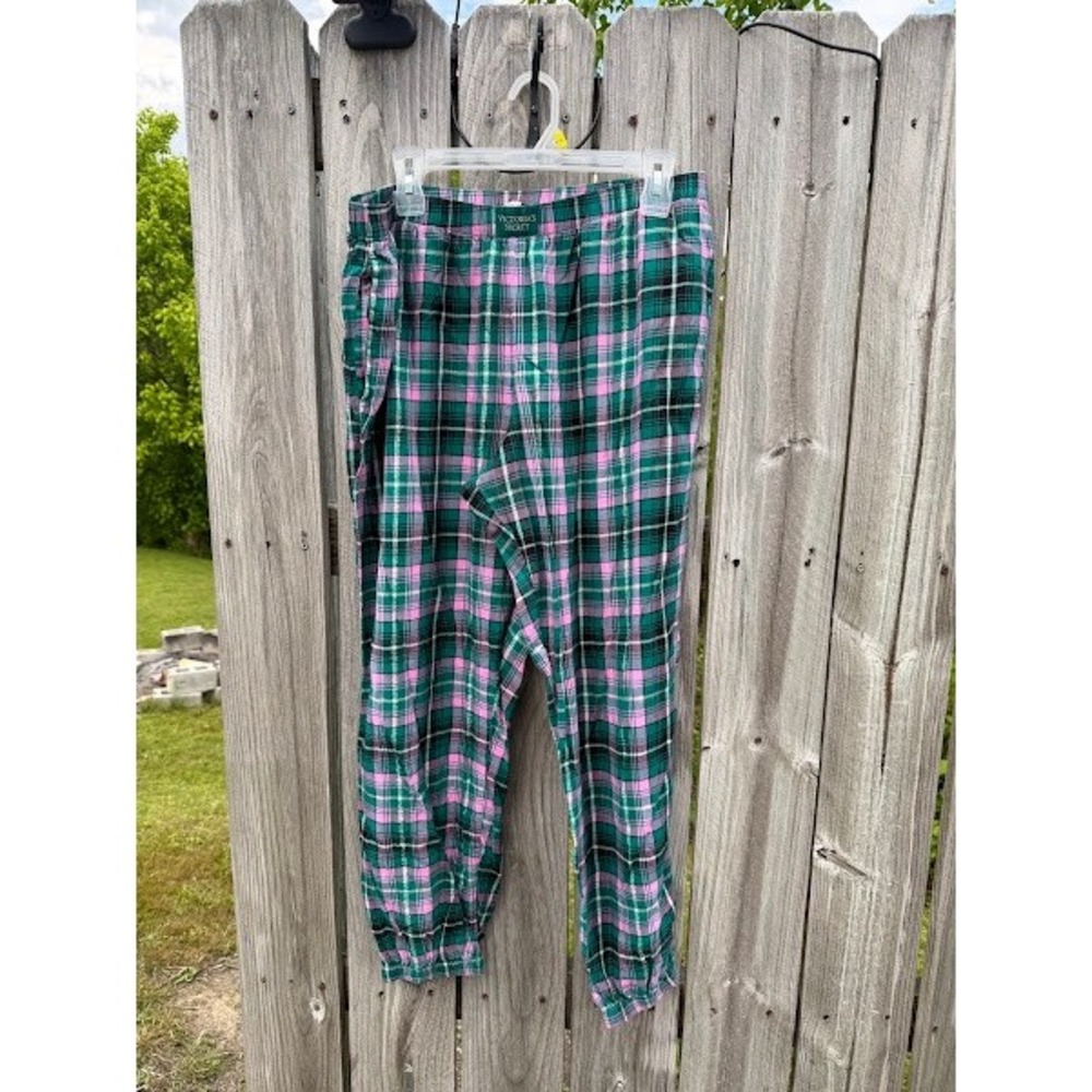 Victorias Secret Green Pink Plaid Metallic Pajama Pants Large Lurex Joggers